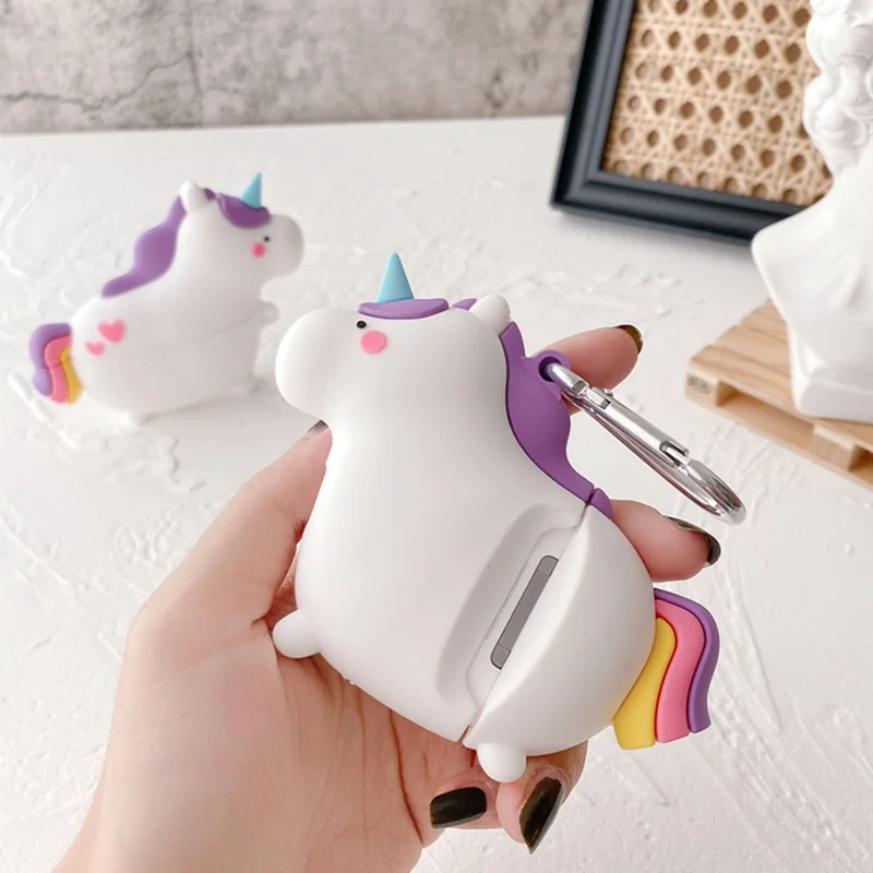 

3D Cute Cartoon Rainbow Unicorn Case Cover for AirPods 1 2 Airpods Pro Antishock Silicone Protector Charging Box with Hook