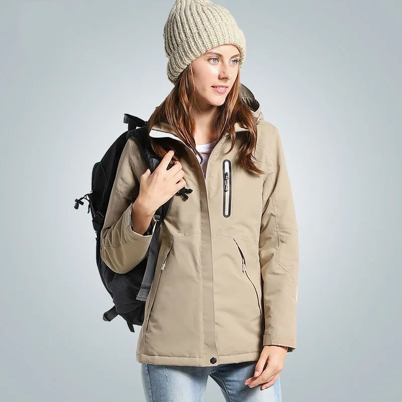 Women Khaki Мужские и женские зимние толстые USB с подогревом хлопковые куртки для ходьбы на открытом воздухе водонепроницаемая ветровка Кемпинг Треккинг альпинистские лыжные куртки - Цвет: Women Khaki