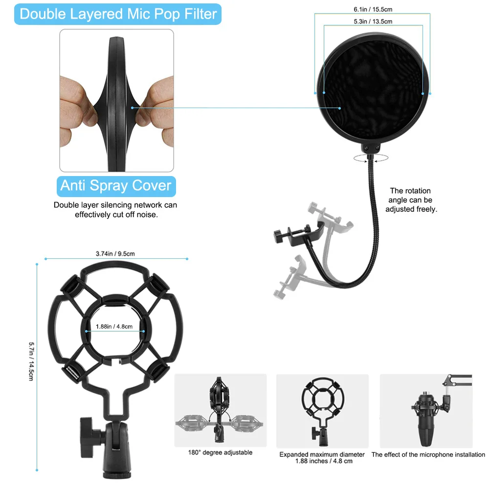 Microphone Stand Upgraded Microphone Boom Arm Pop Filter Blue Yeti Pantograph Mic Bracket Shock Mount