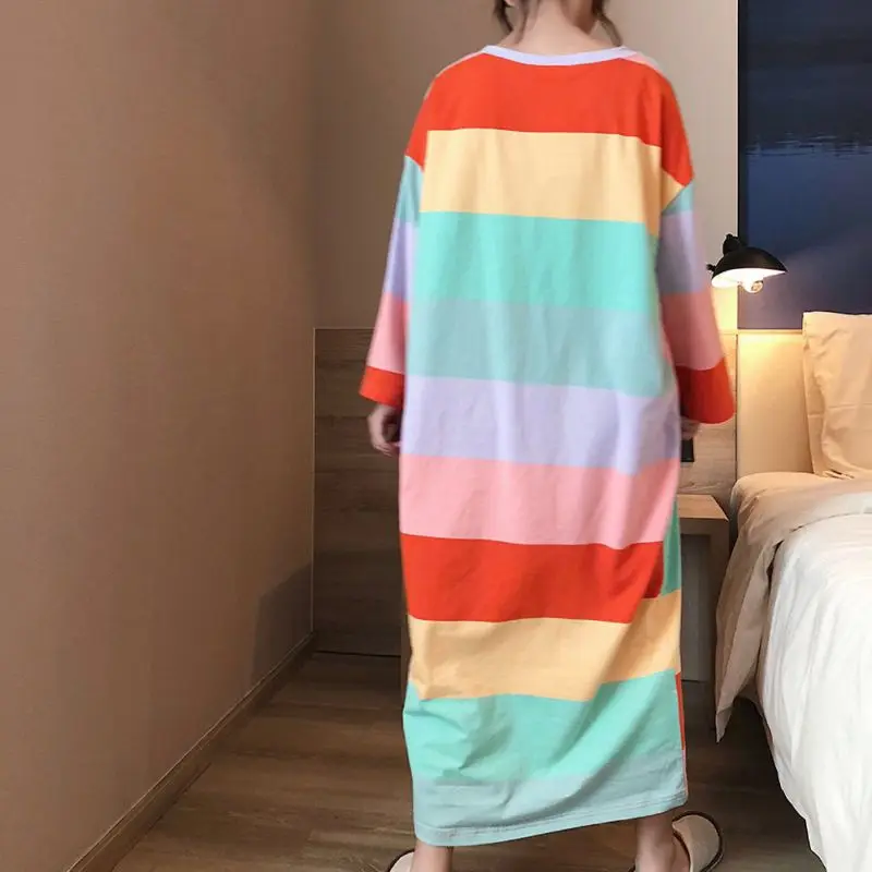 2019 Autumn Winter Ladies Rainbow Striped Loose Long Nightdress Home O Collar Long-sleeved Nightdress