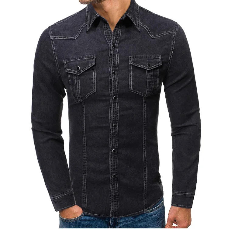 Новая модная Повседневная джинсовая рубашка мужская приталенная рубашка с длинным рукавом хлопок винтажная состаренная Однотонная рубашка мужская брендовая одежда