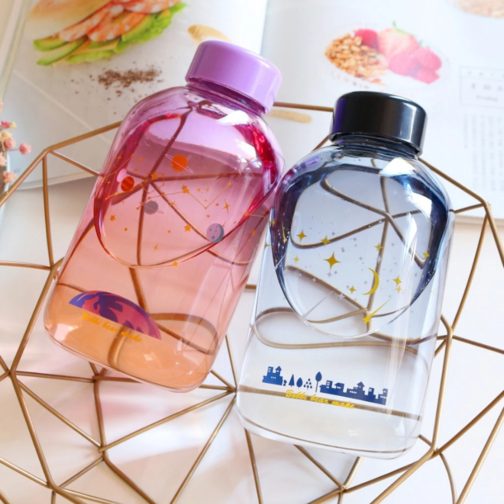 

cute cartoon Glass Water Bottle with Sleeve Gradient Color Portable Outdoor Sport Water Bottles Leakproof Camping Bottle BpaFree