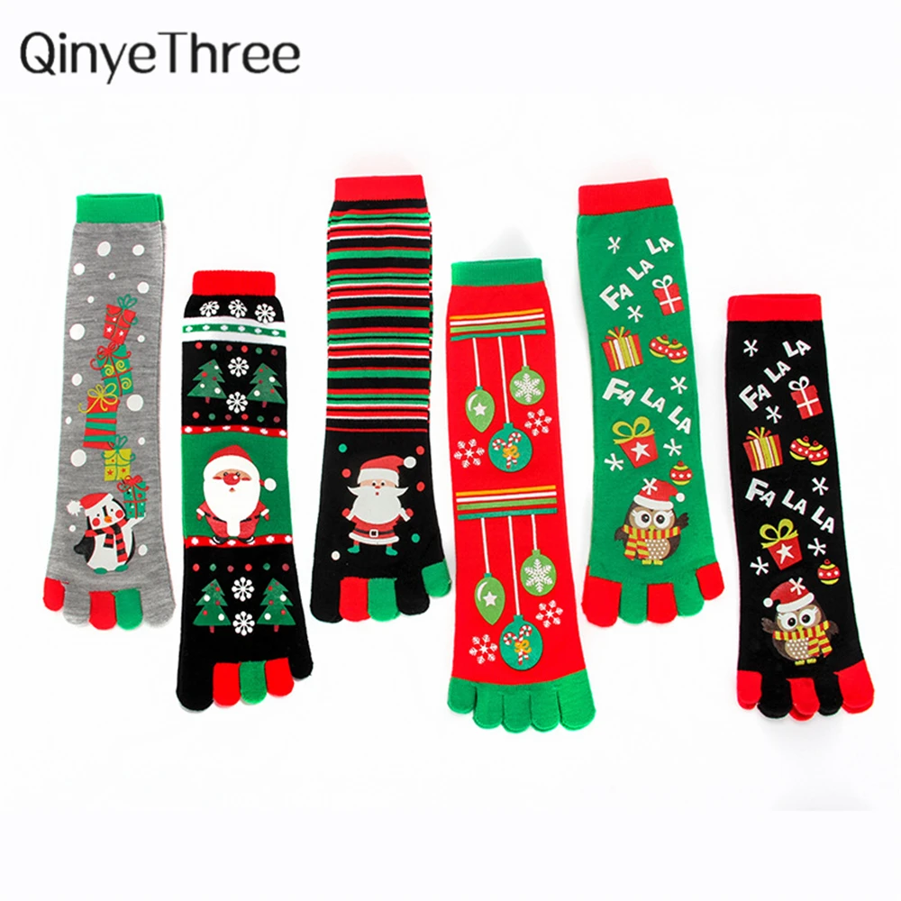 

2020 New Women's Warm Soft Cute Happy Five Toe Socks Merry Christmas Funny Cartoon Elk Snowman Santa Penguin Stripes Socks