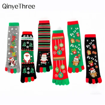 

2020 New Women's Warm Soft Cute Happy Five Toe Socks Merry Christmas Funny Cartoon Elk Snowman Santa Penguin Stripes Socks