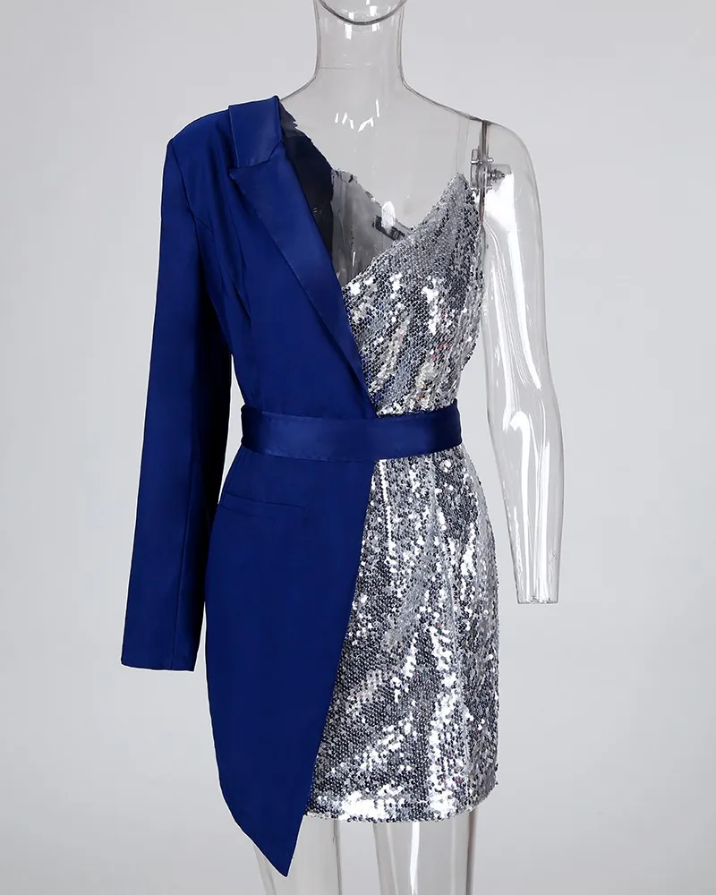 Asymetrical One Shoulder Sequined Dress Women Long Sleeve Mini Party Dresses Ladies Colorblock Patchwork Formal Dress