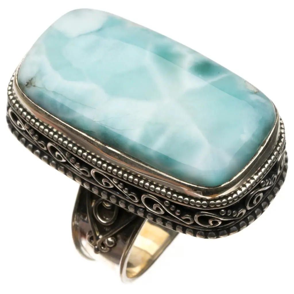 Натуральное Caribbean Larimar винтажное 925 пробы Серебряное кольцо, размер США 6,75 R3439