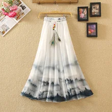 

#1509 Summer Boho Skirt For Women High Waist Elastic Feather Beading Floral Printed Elegant Ladies Long dance Chiffon Skirts