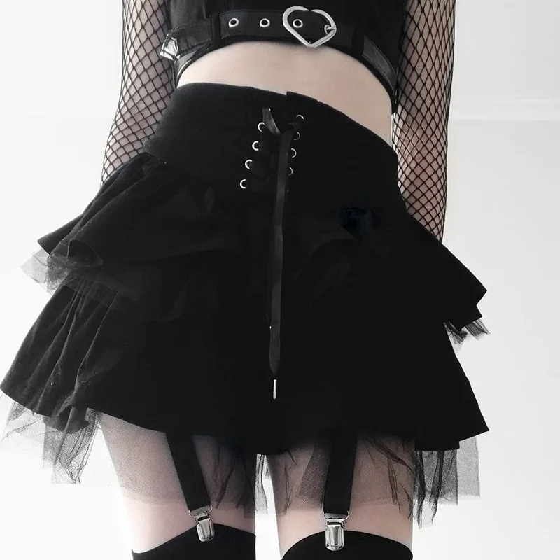 Dark Goth Black Velvet Lace Up High Waist Tiered Mini Skirt Emo Girl