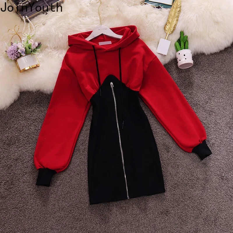 

Joinyouth 2020 Spring Contrast Color Patch Sweater Dress Long Sleeve Drawstring Hooded Dresses Zipper Slim Knit Vestidos 59385