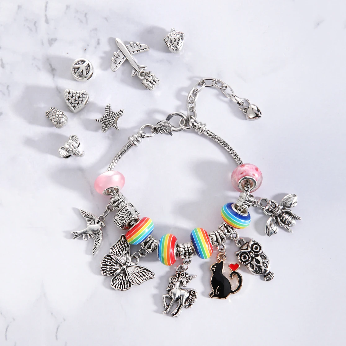 OI 2021 Design Mixed Vintage Metal Animal Rainbow Charms Beads DIY Bracelet Pendant Neacklace Accessories Jewelry Making Kit