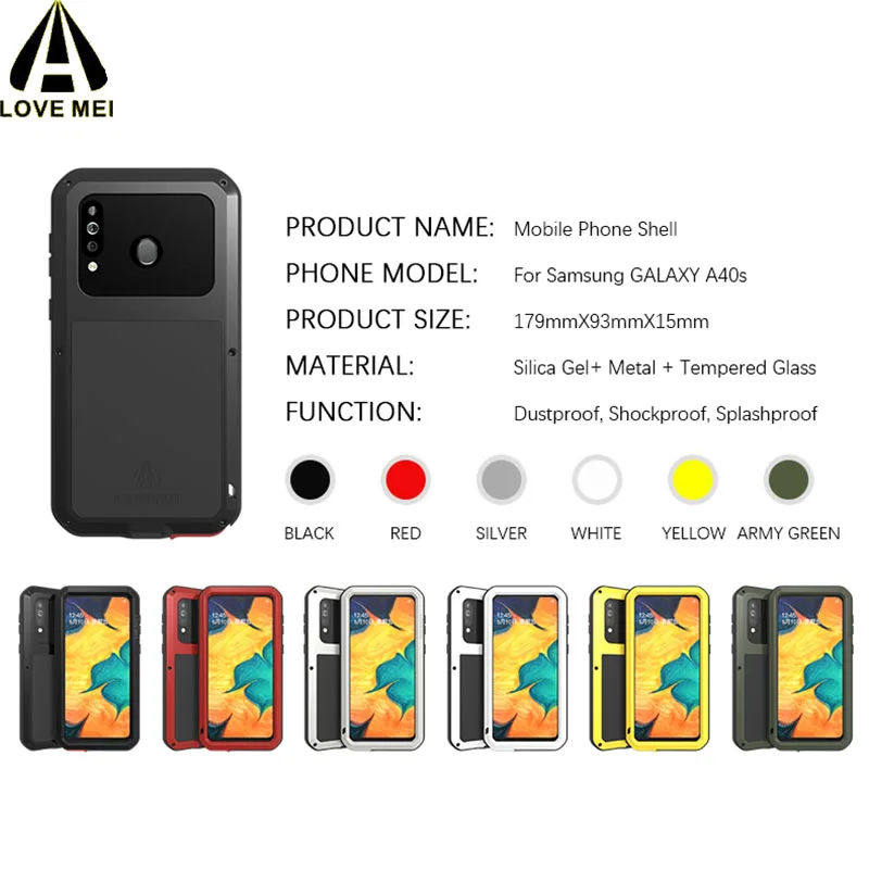 A40s защитный металлический противоударный чехол LOVE MEI для samsung Galaxy A40S, алюминиевые аксессуары, водонепроницаемый чехол+ стекло Gorila
