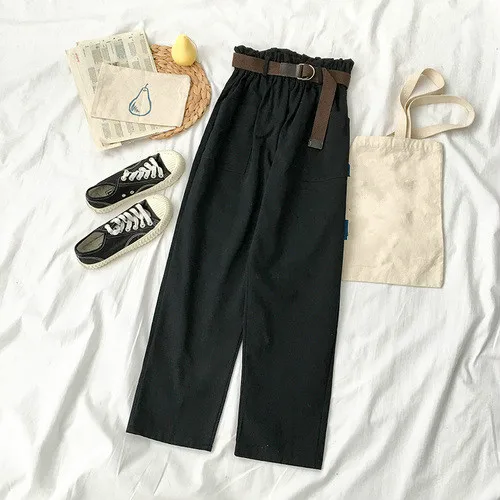 black pants Neploe, весна, осень, широкие брюки, женские, повседневные, высокая талия, свободные, корейский стиль, панталоны, женские брюки с поясом, 39028 - Цвет: black pants