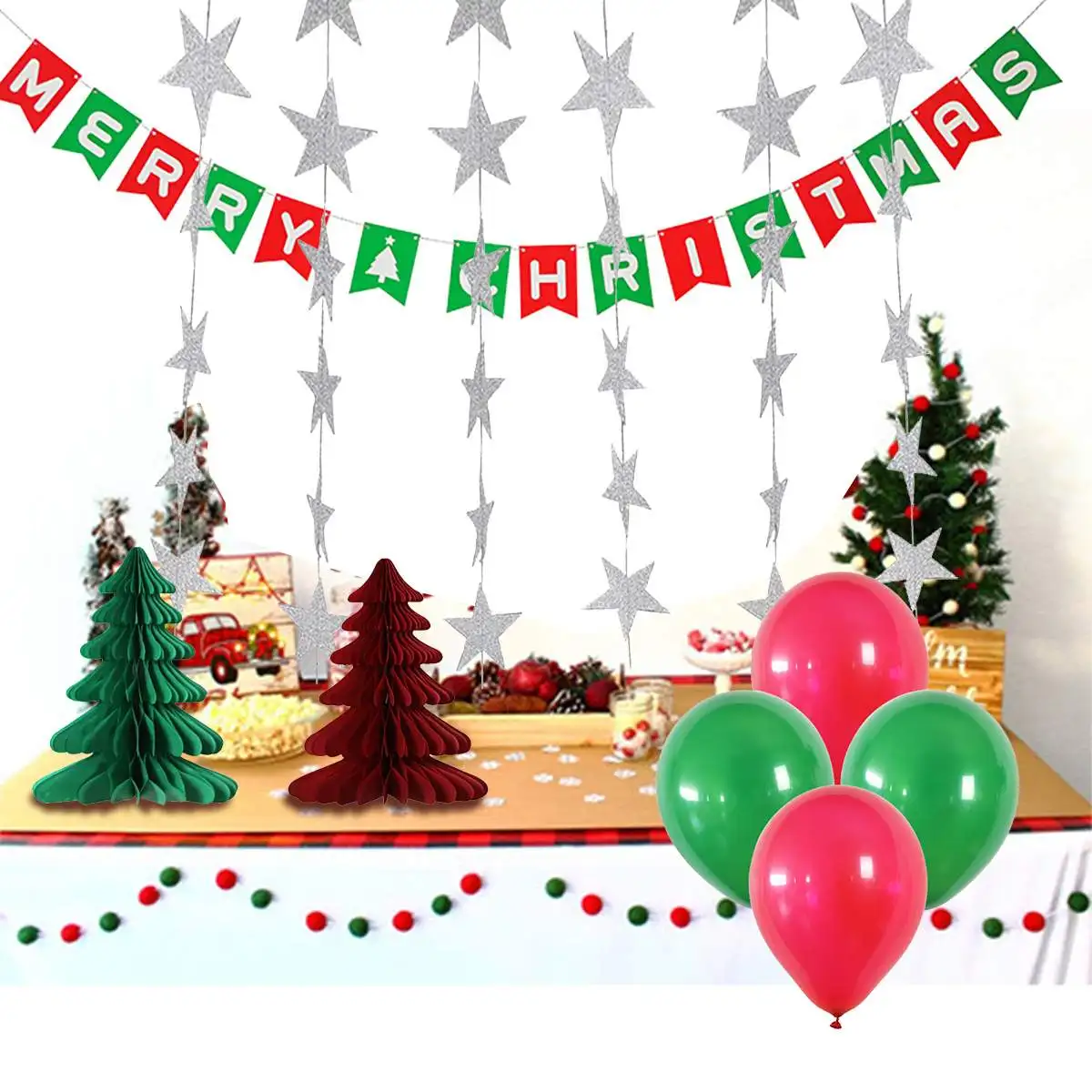 

21PCS/Set Merry Christmas Decoration Include Silver Star Paper String Honeycomb Christmas Hats Christmas Trees Latex Balloons