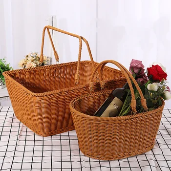 

1PC Simulated Rattan Woven Basket Practical Shopping Basket Decorative Storage Vegetable Basket Portable Flower Basket Picnic Ba