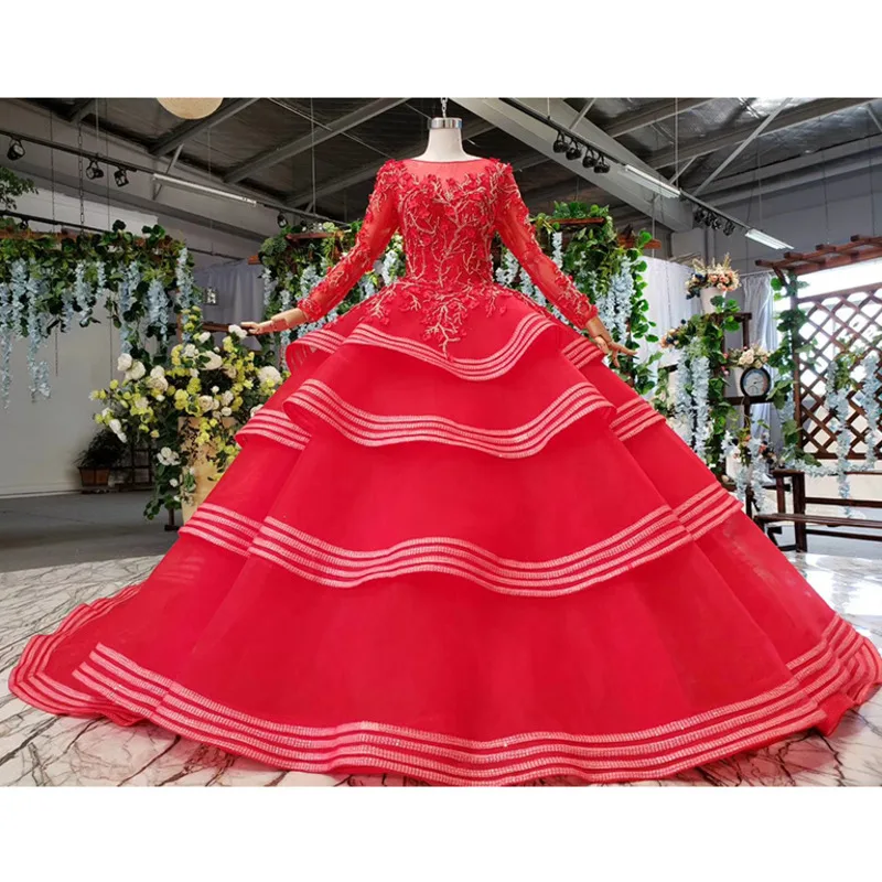 BGW 22429ht Muslim Wedding Gowns Long Sleeve Beading Appliques O-neck Red Dress With Bridal Veil Ball Gown Vestido Festa | Свадьбы и