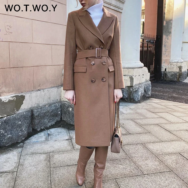 

WOTWOY Elegant Long Winter Coat Women Slim Fit Belted Wool Blends Coats Women Double Breasted Chic Outerwear Female Jackets 2020