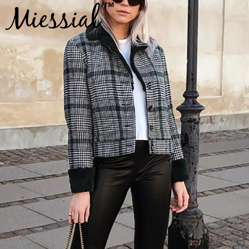 Miessial, черная клетчатая укороченная куртка из искусственного меха, женские повседневные теплые Базовые Куртки в стиле пэчворк, Осень-зима, новая женская короткая куртка, пальто