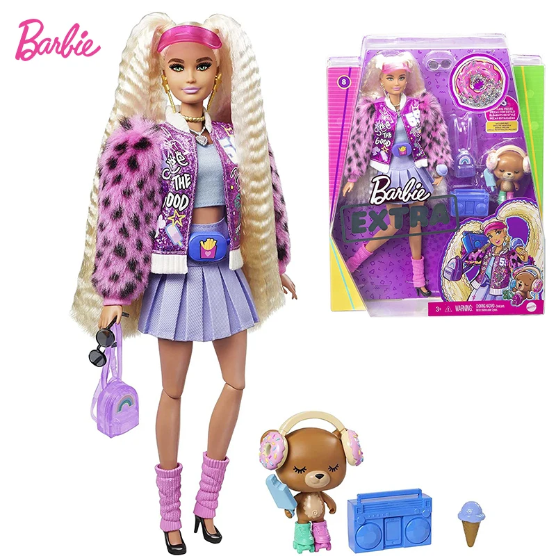 

Barbie Extra Doll Pink Sparkly Varsity Jacket with Furry Arms Pet Teddy Bear Extra-Long Crimped Pigtails Girl Toy Birthday Gift