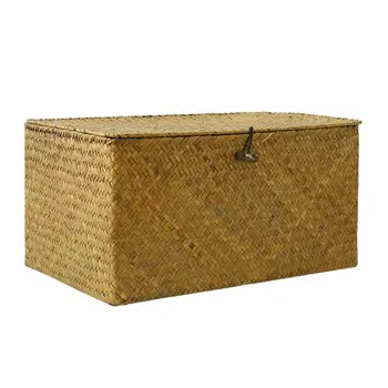 

Natural Straw Rectangular Desktop Storage Basket Wire Handles Decor Seagrass Woven Wicker Basket Organizing Shelves
