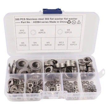 

380-Pack Stainless Steel Flat Washer Assortment Set (M2 M2.5 M3 M4 M5 M6 M8 M10) 8 Different Sizes for Home Automotive