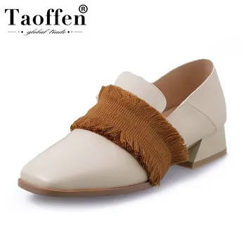 

Taoffen Real Leather Women Tassels Ladies Work Pumps Slip On Chunky Heels Spring Fashion Shoes Women Pumps Footwear Size 34-39