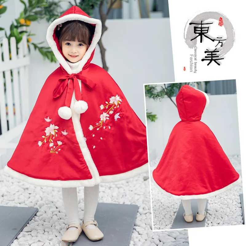 

Girls Winter Hooded Cloak Child Velvet Tang Costume Red Cape Cute Girl Chinese Style Ancient Loose Coat Kids Windbreaker Clothes