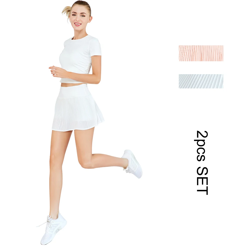 

Women Sport Suits Slim Top and Pleated Skort 2pcs Quick Dry Yoga Dancing Tennis Golf Train Fitness Gym Clothes Dress Tracksuit