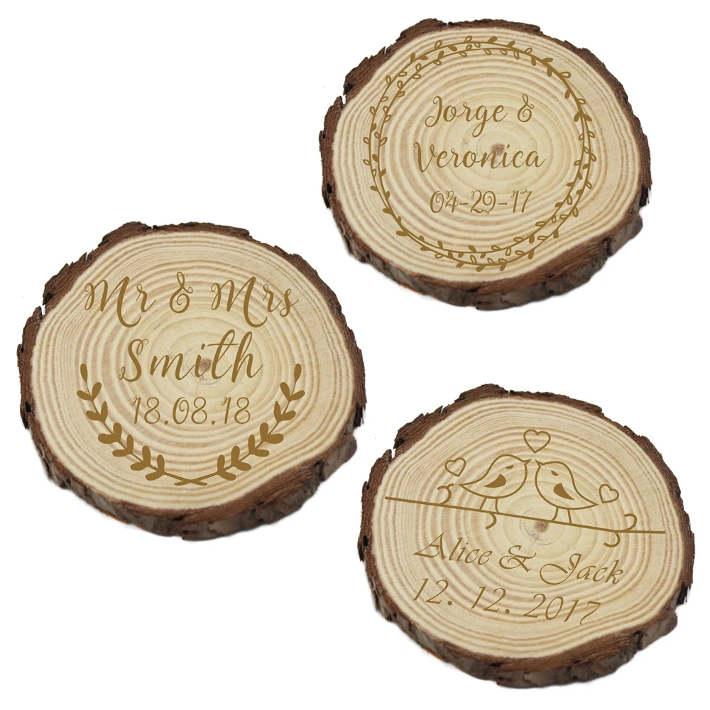 

10PCS Personalized Engraved Coasters Rustic Slice Wood Coaster Custom Laser Gift Wedding Decor Favor Party Decor Natural Wooden