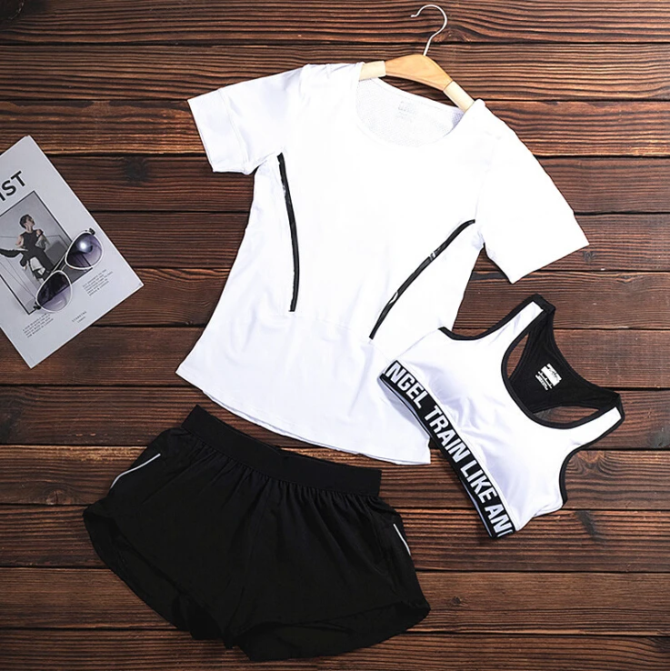 Hot sale women quick dry yoga sets fitness gym 2/3 piece set t shirt+bra+pants outdoor sports running clothes training suit sets - Цвет: 3 piece set b