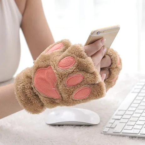 Ladies Winter Fingerless Gloves Fluffy Bear Cat Plush Paw Claw Half Covered
