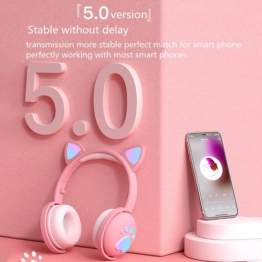 New LED Cat Ear Noise Cancelling Foldable Headphones Bluetooth 5 0 Young People Kids Headset With 3 5mm Plug With Mic