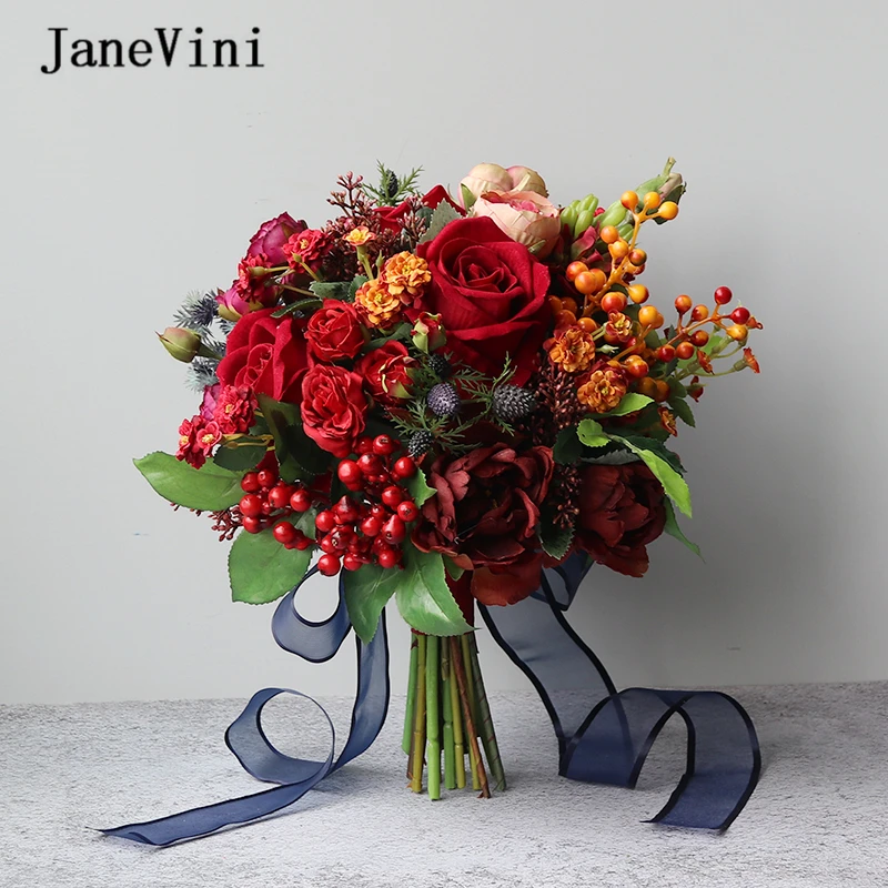 JaneVini 2019 Романтический Букеты Свадебные шелковые красные свадебные цветы