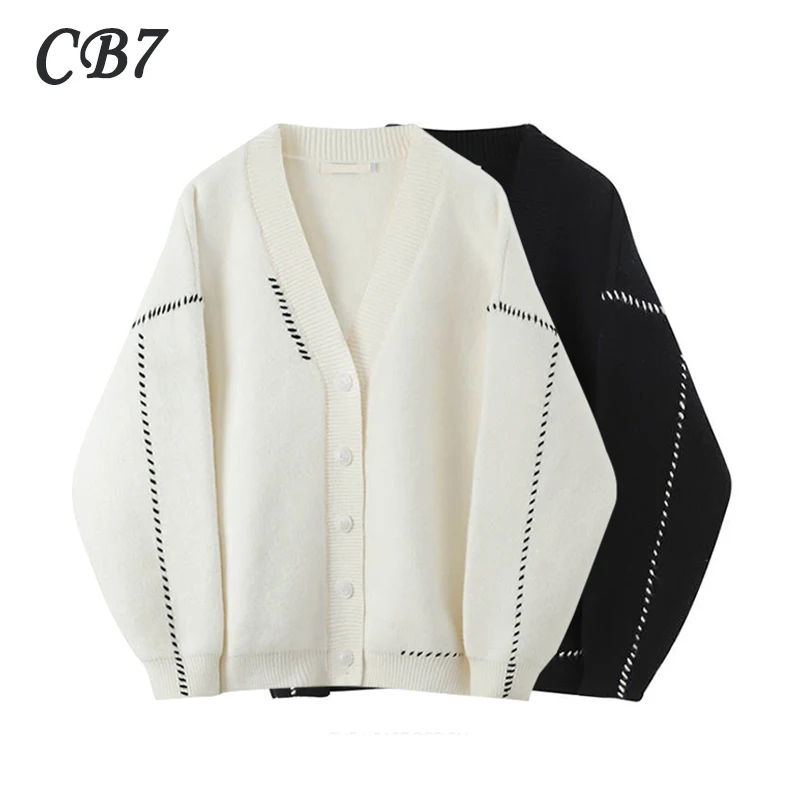 Женский трикотажный кардиган с V-образным вырезом и длинным рукавом | Женская