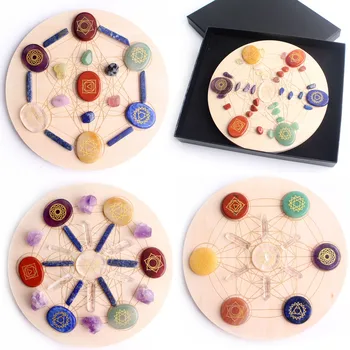 

Natural 7Chakra Stones Symbol Crystal Seven Star Array Gravel Stone Round Wood Plate Tumbled Gems Fengshui Decor Reiki Healing