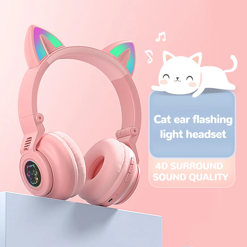 Cute RGB Kitten wireless Headsets Bluetooth 5.0 Bass Noise Cancellation Adult Child Girl Headset Support TF Card Helmet with Mic