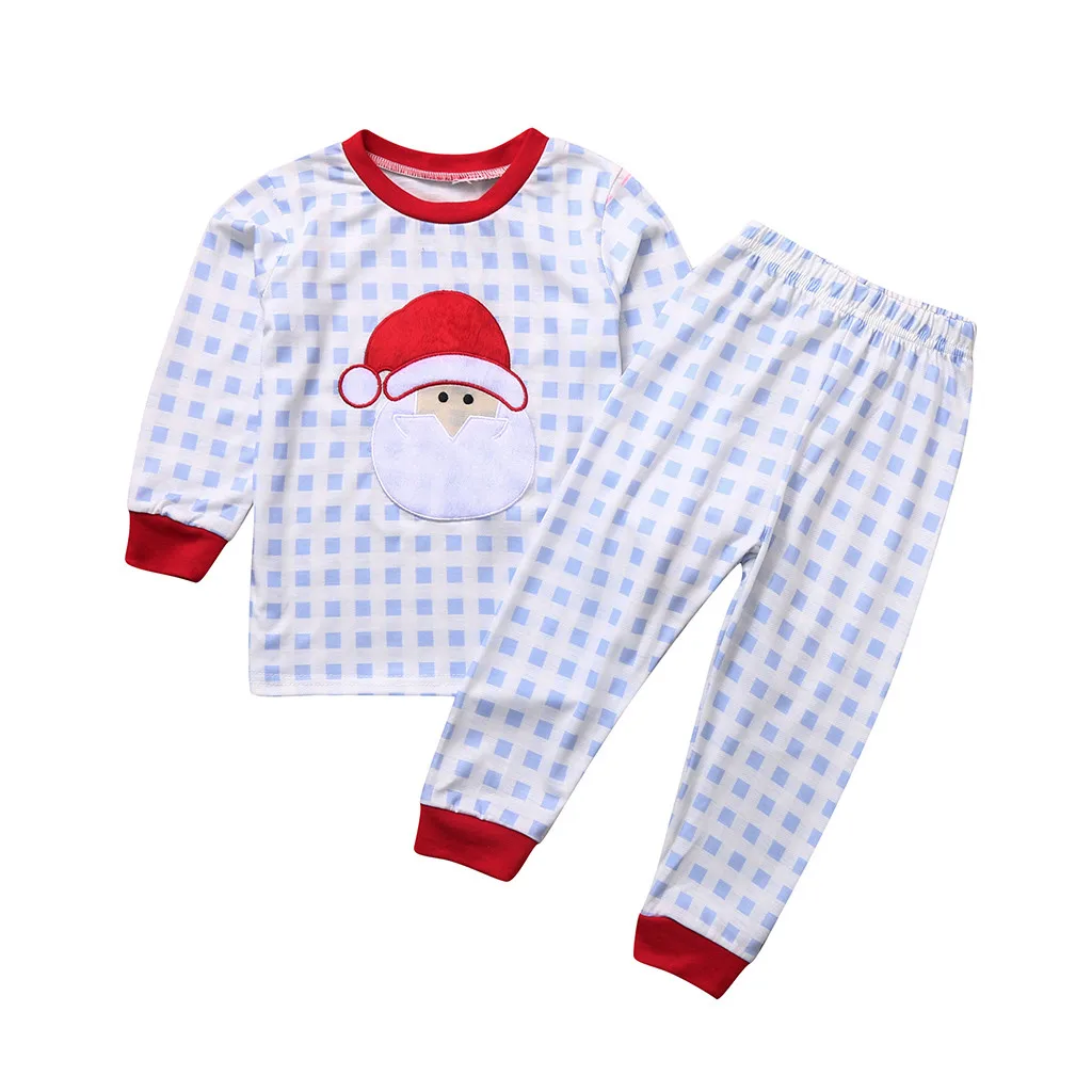 Рождественские клетчатые топы с Сантой для маленьких мальчиков и девочек+ штаны, пижамы, одежда для сна, рождественские вечерние комплекты одежды для маленьких девочек - Цвет: Синий