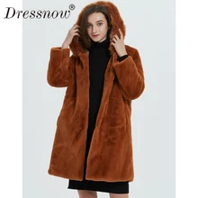 Dressnow женское осенне-зимнее утепленное пальто, Женское пальто из искусственного меха норки, тонкая верхняя одежда с капюшоном, женский длинный пиджак