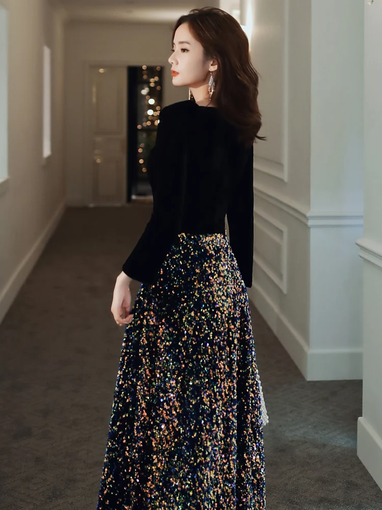 A-line Evening Dresses Long Velour with Sequins Half Sleeves Party Gowns Muslim Abendkleider Robe De Soiree