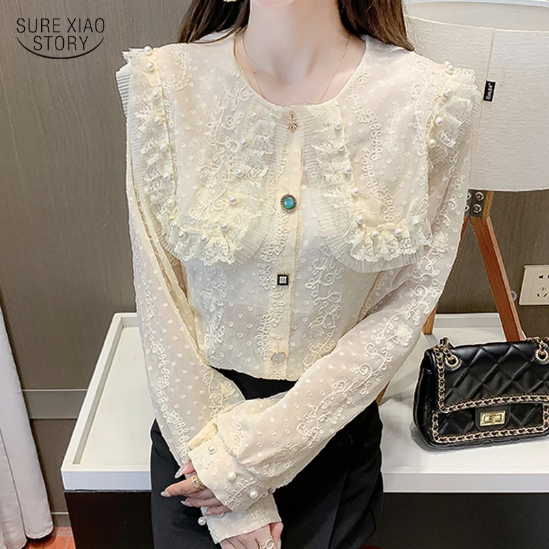 

Элегантная плиссированная Однотонная рубашка с оборками на пуговицах, осенняя кружевная блузка с круглым воротником и длинным рукавом, свободные топы с французским пышным рукавом, 17247