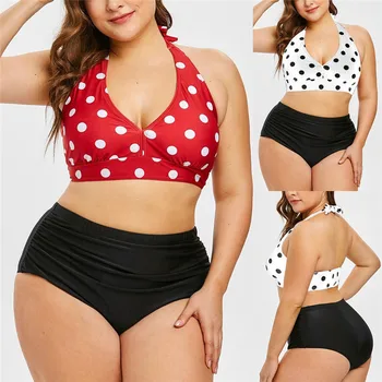 

Women Swimwear Beachwear Plus Size Polka Dot Print Halter Swimsuit Bikini Set backless Sexy Push up Padded Bra bearwear #4N4