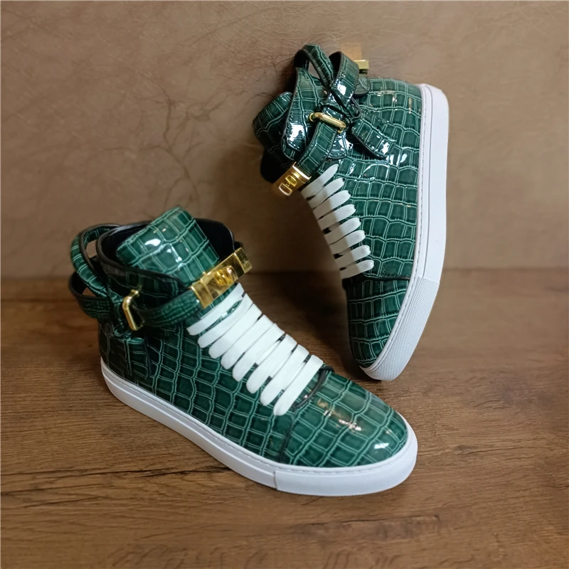 Phenkang Men Alligator Pattern High Top Sneakers Lock Lace Flats Glossy Real Leather Newest Designer Boots Men&lsquo;s Casual Shoes
