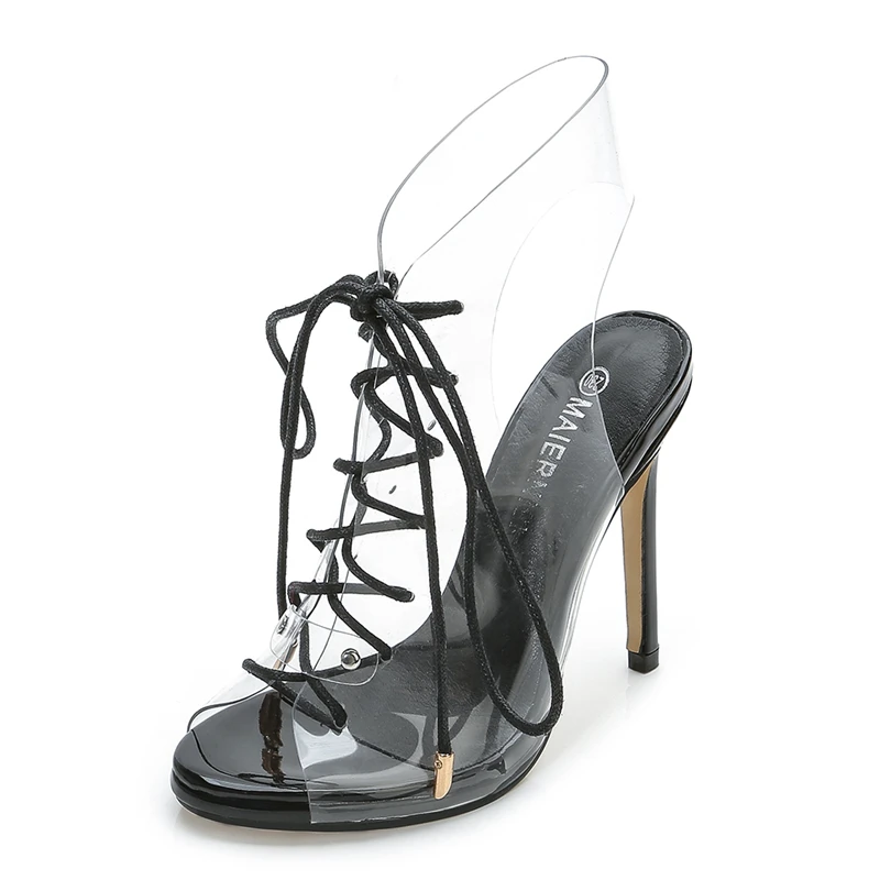 

2019 Women Sandals Shoes Celebrity Wearing Simple Style PVC Clear Strappy Buckle High Heels Woman Transparent Heels MS-B0009