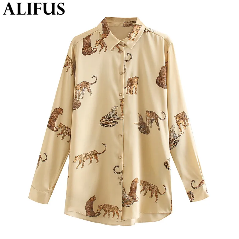 Fashion Za Women Shirt Vintage Animal Printed Turn-Down Collar Shirts Blouses Loose Ladies Long Sleeve Blusas Tops