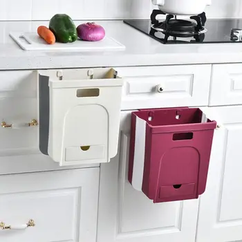 

8L Suspended Kitchen Dustbin Folding Waste Bin Cabinets Door Hanging Trash Can Portable Bathroom Wastebasket