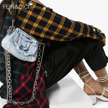 

Denim shoulder bag pocket silver metal chain cool jeans bag women frame totes bag female bolsas messenger crossbody handbag