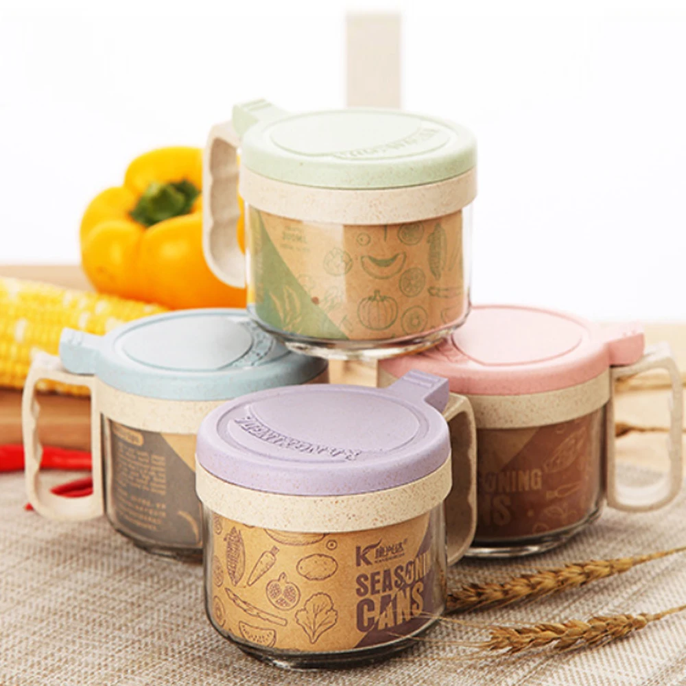 

Wheat Straw 300ML Glass Spice Jars Sets Kitchen Sugar Salt Pepper Spices Storage Box Container Can