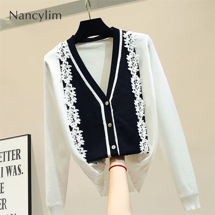 #^Special Price Autumn 2019 High Quality Cardigan for Woman New Loose Lace Stitching V Neck Long Sleeve Sweater Coat Student Temperament Jacket