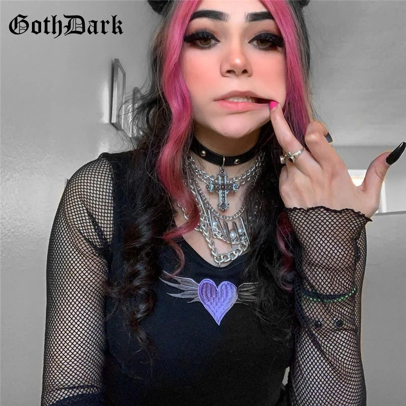 black Готические темные винтажные футболки harajuku Egirl в готическом стиле, эмо женские эстетические футболки с длинными рукавами, сетчатые женские футболки с вышивкой в виде сердца, шикарные - Цвет: black