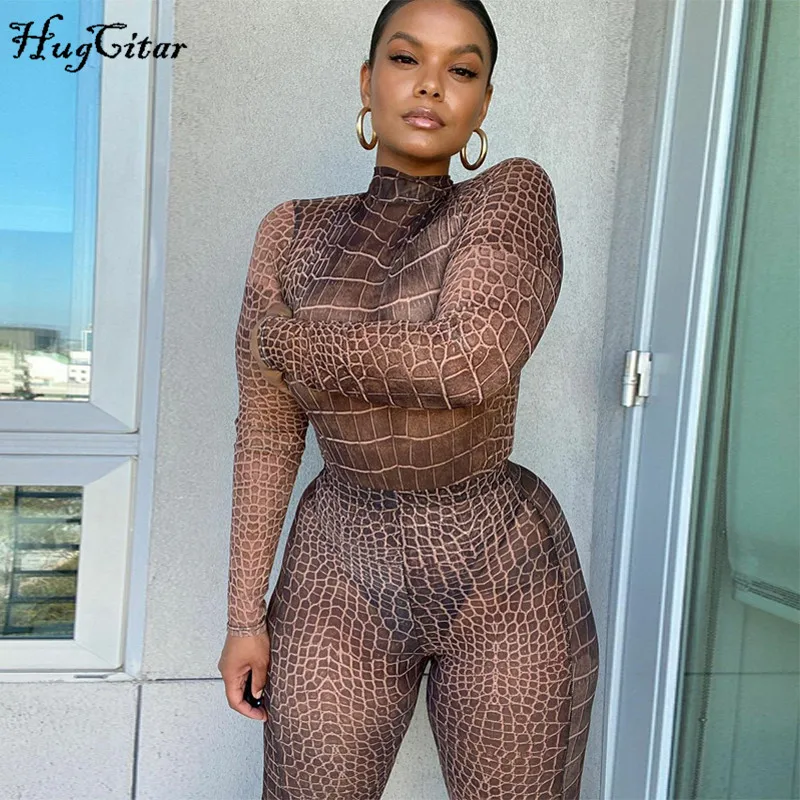 Hugcitar 2020 snake print mesh see-through bodysuit leggings 2 pieces set autumn winter women fashion streetwear outfits sexy cl Hugcitar 2020 snake print mesh see-through bodysuit leggings 2 pieces set autumn winter women fashion streetwear outfits sexy cl