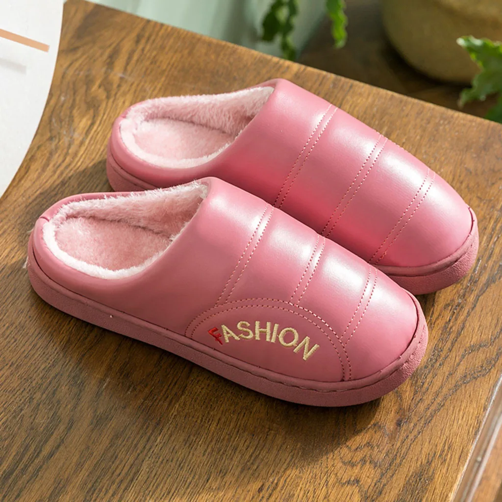 Winter Warm Leather Home Slipper Shoes Woman New Arrival Flat Non-slip Indoor Slipper Woman Shoes Plus Velvet Large Size Slipper - Цвет: Красный